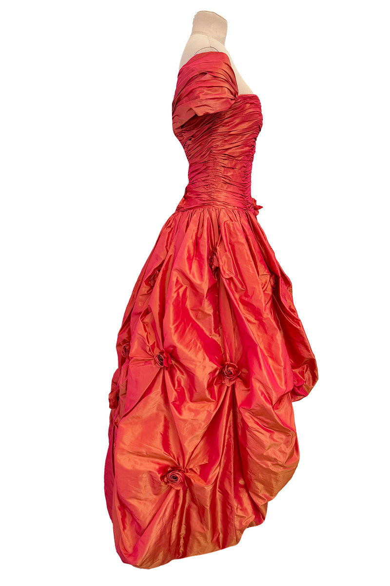 Romantic 1980s Loris Azzaro Irridescent Soft Coral Silk Taffeta Dress w Rosette Floral Detail