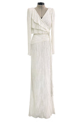 Stunning 1970s-80s Mary McFadden Couture White Pleated Dress w Attached Braided Belt