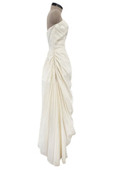 Prettiest 1950s Fred Perlberg Strapless Ivory Dress w Gathered Back Skirting & Net Cotton Muslin Underskirts