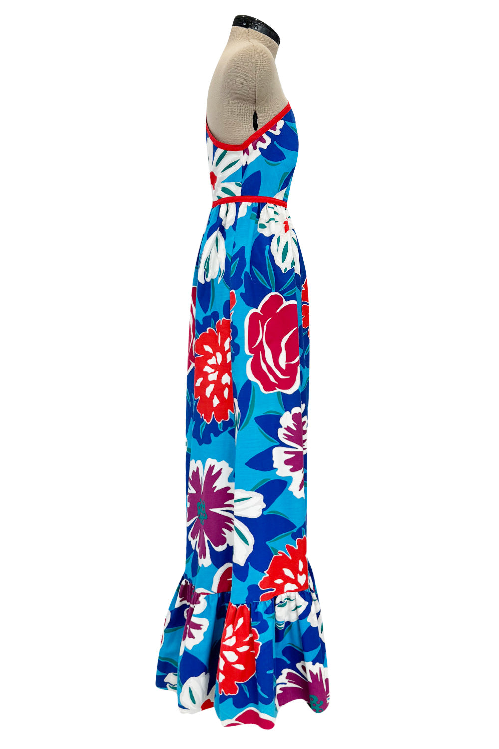 c.1977 Oscar de la Renta for Swirl One Shoulder Printed Bright Floral Cotton Dress w Ruffled Hem c.1977 Oscar de la Renta for Swirl One Shoulder Printed Bright Floral Cotton Dress w Ruffled Hem