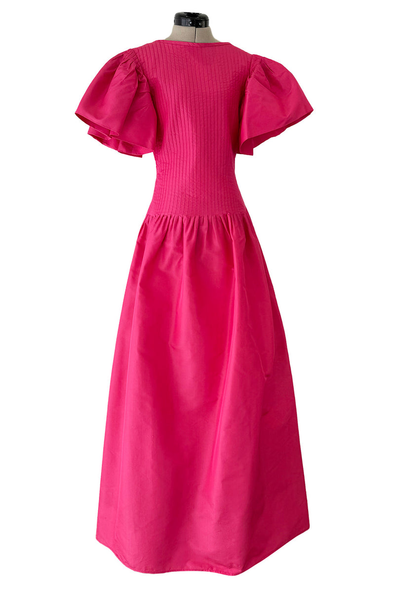 Prettiest 1980s Pierre Cardin Bright Pink Dress w Puff Sleeves & Flat Pleating