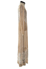Gorgeous 1980s Unlabeled Fernando Pena Metallic Gold Thread & Pink Bead Sequin & Net Dress