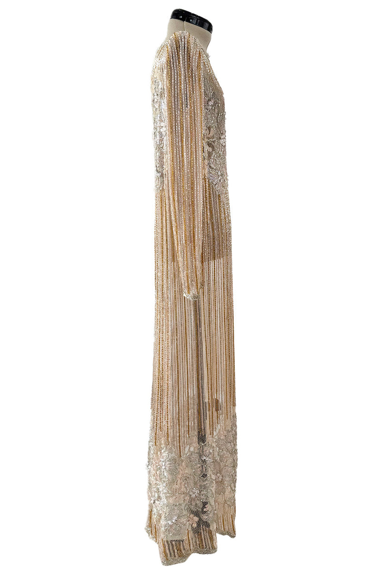 Gorgeous 1980s Unlabeled Fernando Pena Metallic Gold Thread & Pink Bead Sequin & Net Dress
