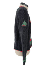 Prettiest 1980s Wolkenstricker Charcoal Colour Hand Knit Cardigan Sweater w Floral Details