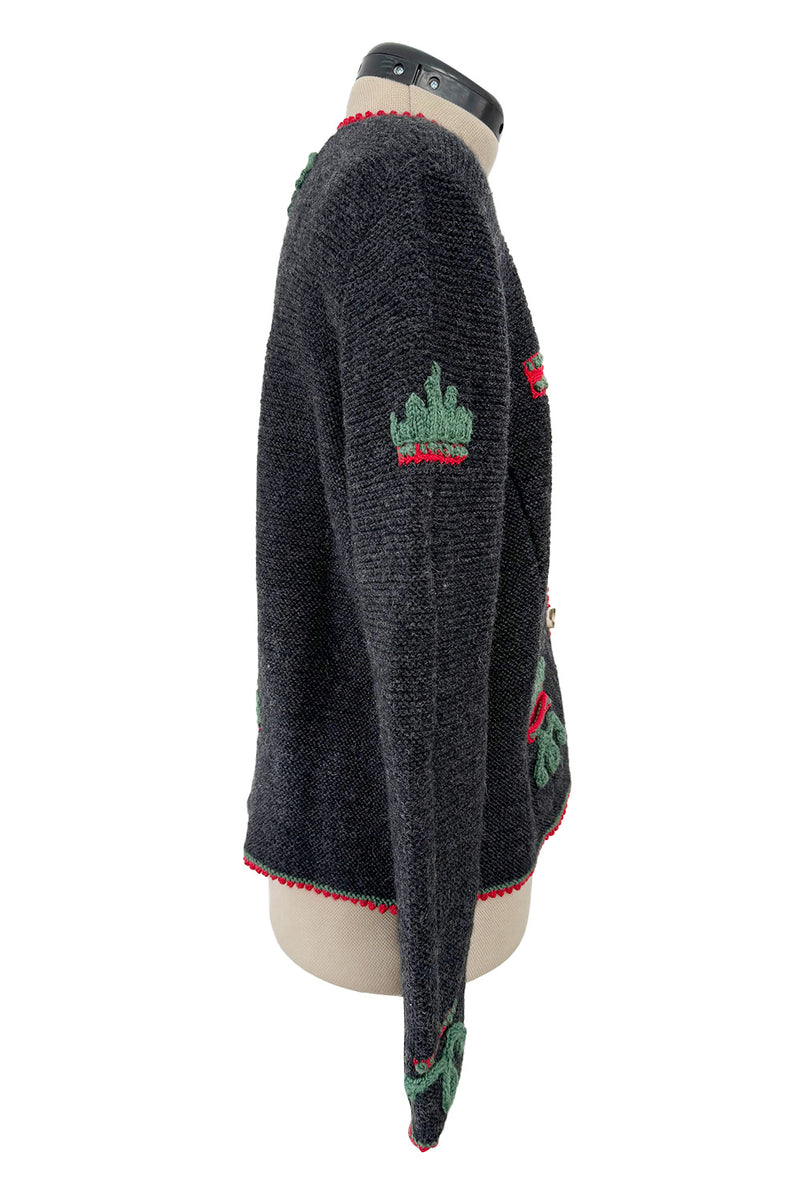 Prettiest 1980s Wolkenstricker Charcoal Colour Hand Knit Cardigan Sweater w Floral Details