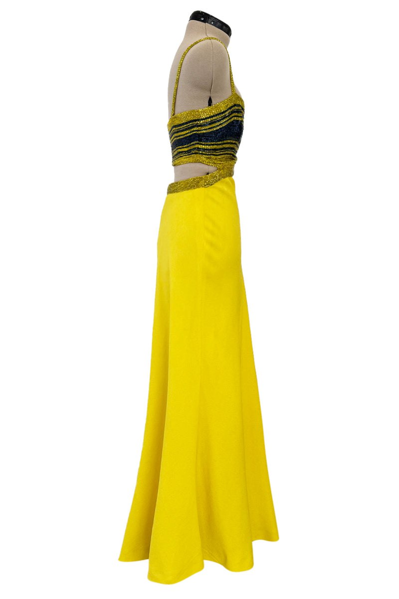Exceptional 1960s James Galanos Yellow Silk Crepe w Blue & Yellow Beaded Back Cut Out Top