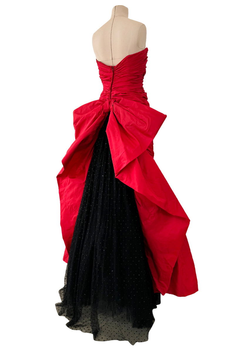 Late 1980s Bellville Sassoon Strapless Red Silk Dress w Full Skirt & Black Glitter Tulle Underskirt & Bow
