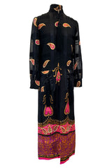 Documented Fall 1970 Valentino Printed Black Ribbon Silk Chiffon Dress w Huge Tassel Detail