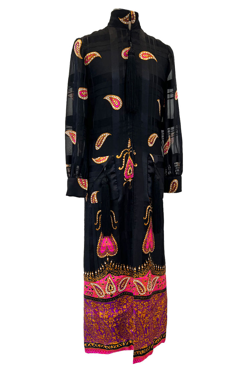 Documented Fall 1970 Valentino Printed Black Ribbon Silk Chiffon Dress w Huge Tassel Detail