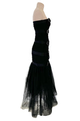 Fantastic Spring 1987 Yves Saint Laurent Strapless Dotted Silk Net Strapless Dress w Rhinestone Detail & Full Lower Skirts