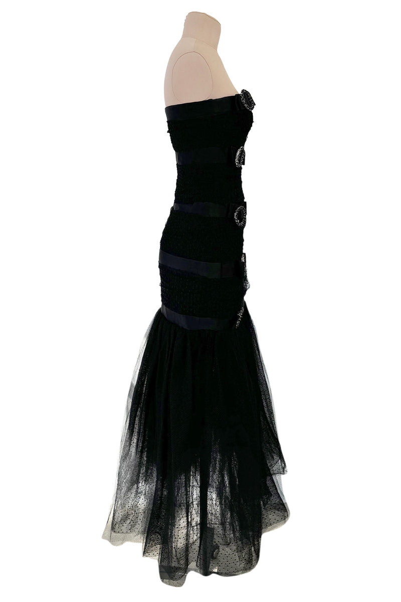 Fantastic Spring 1987 Yves Saint Laurent Strapless Dotted Silk Net Strapless Dress w Rhinestone Detail & Full Lower Skirts