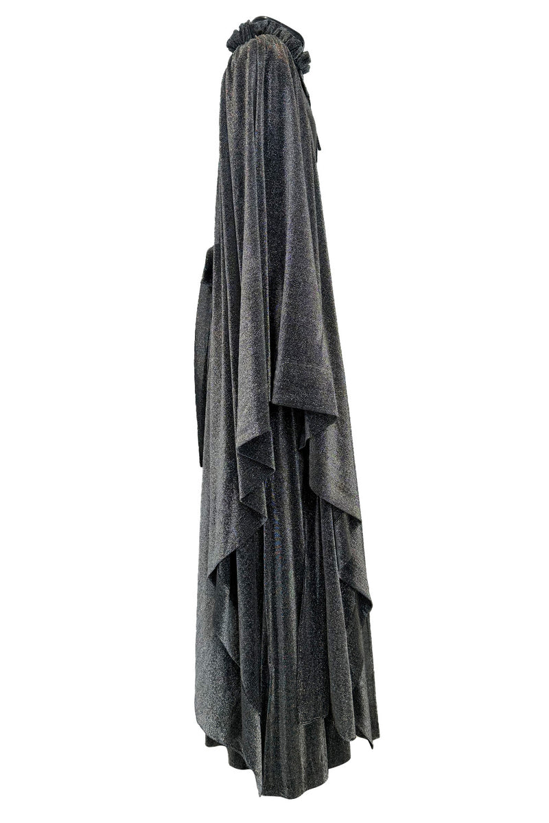 Spectacular 1970s Gina Fratini Metallic Deep Silver Lame Dress w Ruffle Collar &  Angel Sleeves