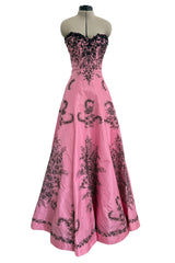 Exceptional Spring 2004 Oscar de la Renta Runway Look 39 Strapless Pink Silk w Black Embroidery & Beads