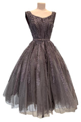 Exceptional 1950s Jacques Heim Golden Era Haute Couture Ultra Rare Purple-Gray Net & Handmade Lace Dress