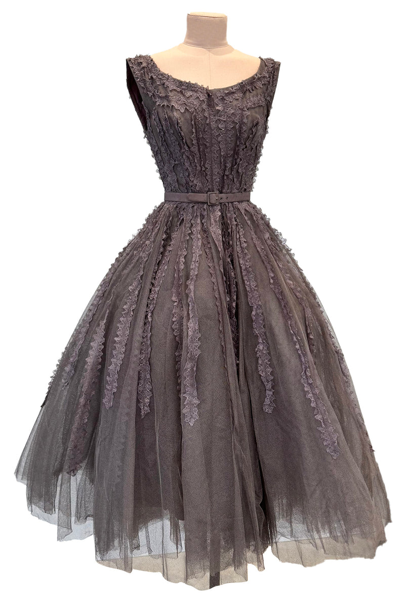 Exceptional 1950s Jacques Heim Golden Era Haute Couture Ultra Rare Purple-Gray Net & Handmade Lace Dress