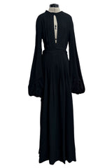 1971 Ossie Clark Couture "Come Fly With Me" Black Moss Crepe Open Back Wrap Dress w Huge Sleeves