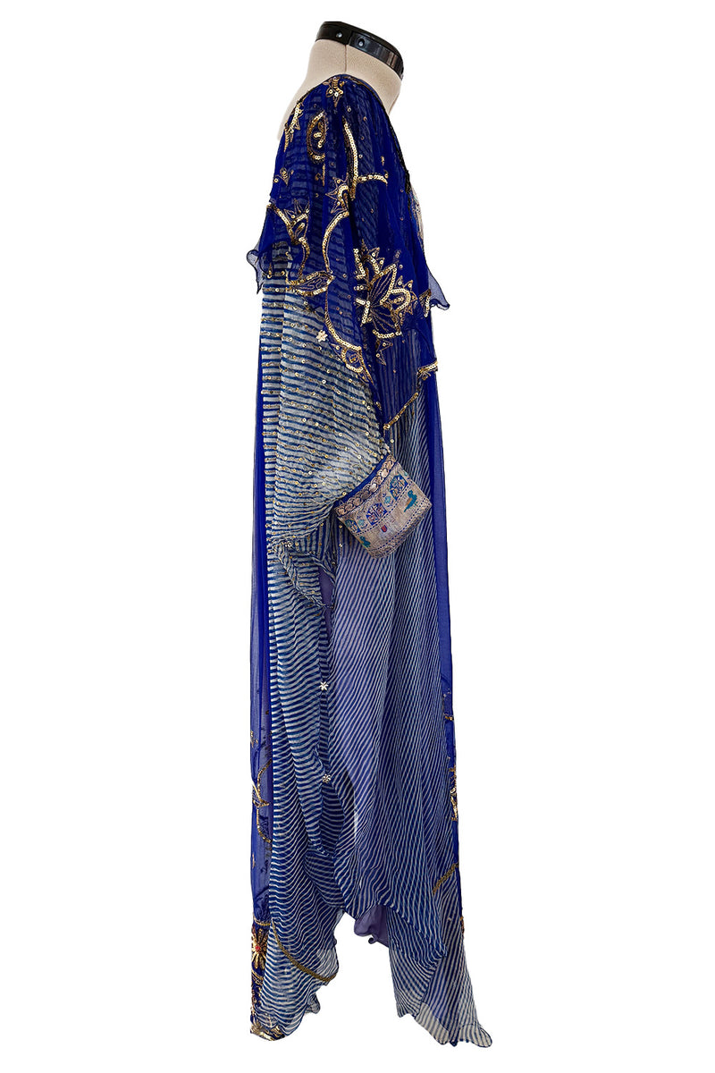 1960s Bloomingdales Label Royal Blue Silk Chiffon & Gold Thread Caftan