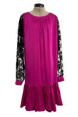 Flapper Inspired 1980s Yves Saint Laurent Easy Fit Brilliant Pink Silk Dress w Black Floral Lace Sleeves