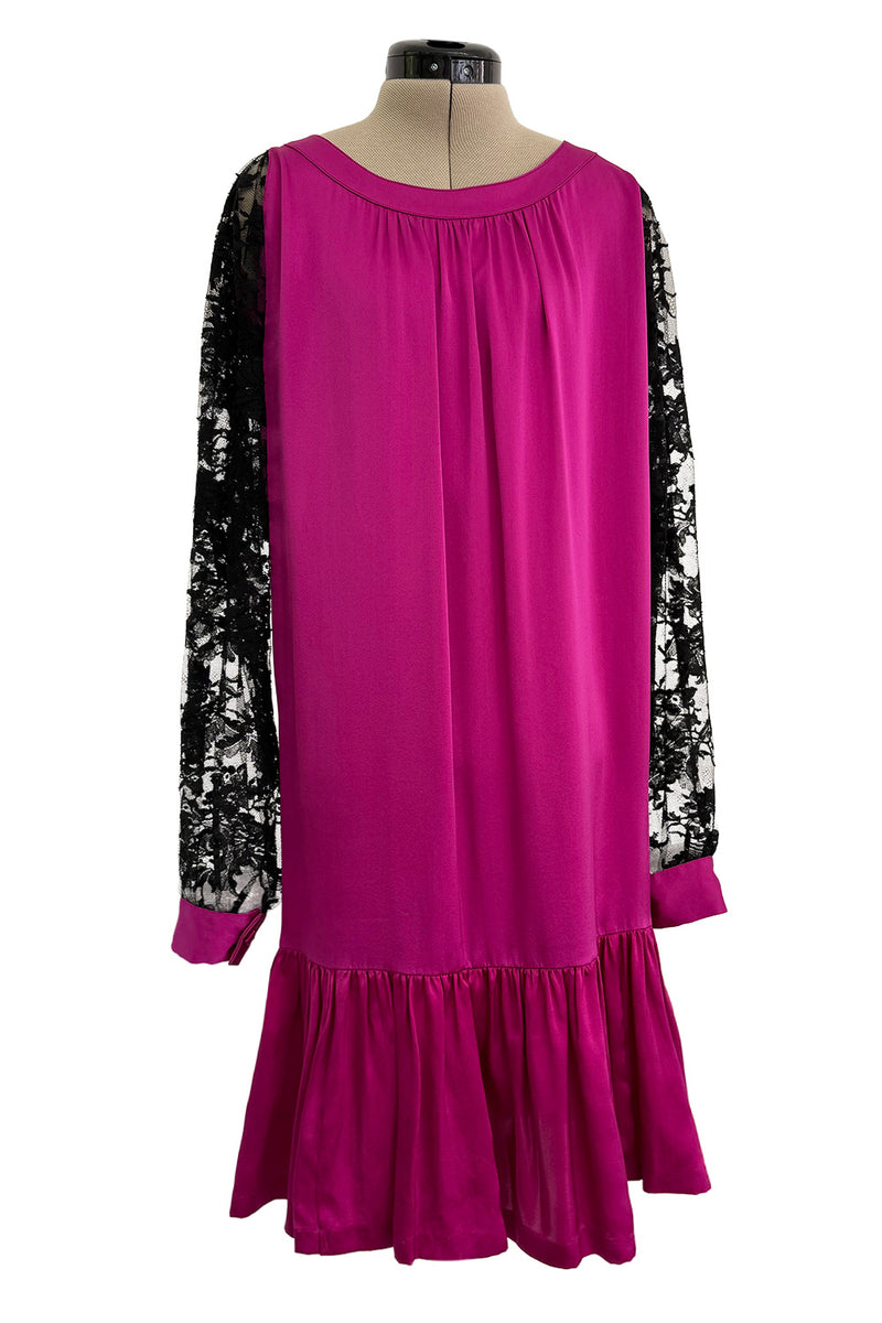 Flapper Inspired 1980s Yves Saint Laurent Easy Fit Brilliant Pink Silk Dress w Black Floral Lace Sleeves