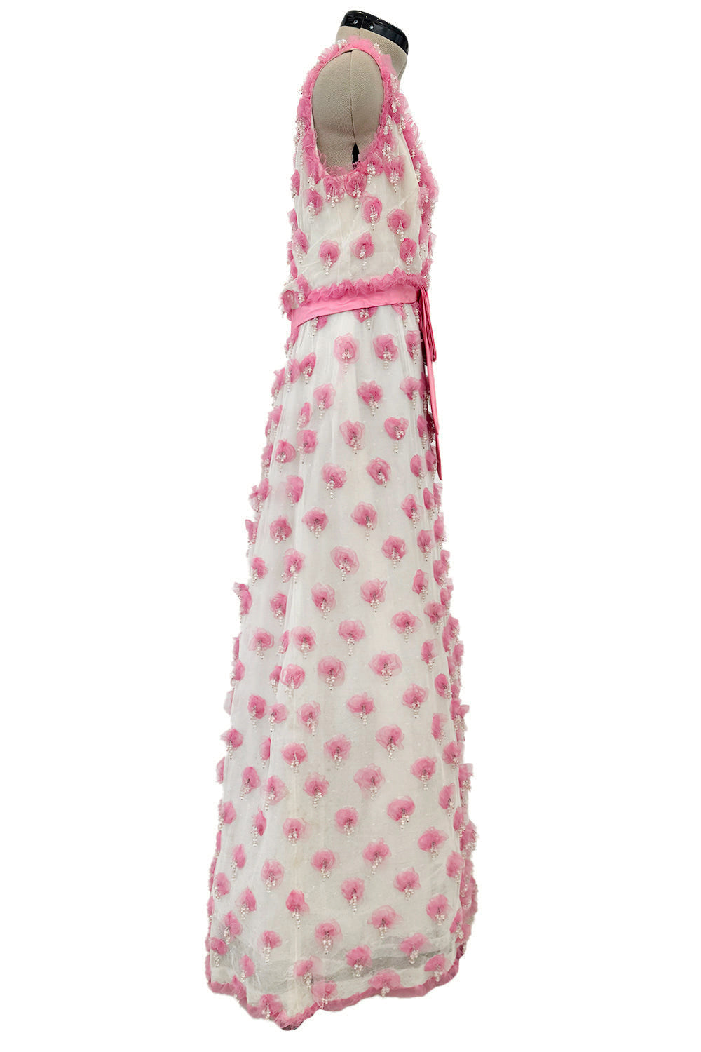 Late 1960s Belleville et Cie Couture Ivory Silk Net Dress w Pink Chiff –  Shrimpton Couture