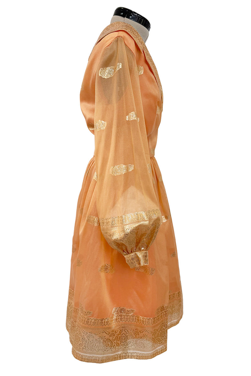 Prettiest 1960s Oscar De La Renta Peach Iridescent Silk Organza Dress w Gold Thread Detailing
