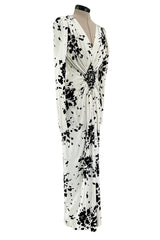 Fantastic Spring 1982 Yves Saint Laurent Haute Couture Runway Unlabeled Black & White Print Plunge Dress