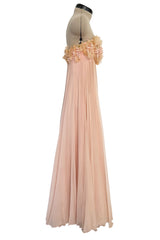 Prettiest 1960s Unlabeled Pale Pink Strapless Dress w Silk Chiffon & Flower Detailed Bodice