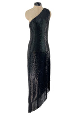 Museum Held 1974 Bill Blass One Shoulder Glossy Black Sequin Dress w Asymetrical Fringe Hem
