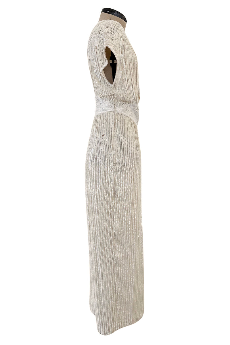 Prettiest 1970s Lillie Rubin Ivory Fully Sequinned & Applied Tube Beads on Silk Chiffon Dress