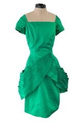 Unusual 1950s Symphony Fashions Brilliant Green Hourglass Dress w Unusual Pleated Skirt
