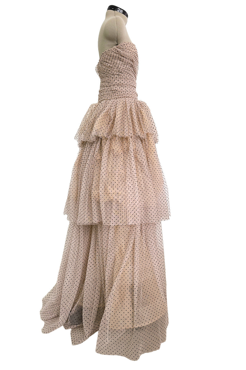 Prettiest Fall 2024 Atelier Prabal Gurung Look 7 Black Dotted Pale Nude Pinkish Net Strapless Dress w Full Skirts