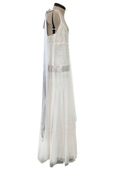 Stunning 2005 Chanel by Karl Lagerfeld White Sequin Detailed & Silk Tulle Dress w Ribbon Detail