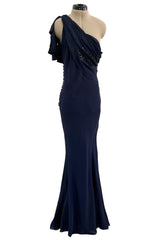 Spring 2008 Christian Dior by John Galliano Deep Blue Silk Chiffon One Shoulder Dress w Beading