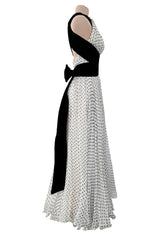 Dreamy Spring 1987 Jacqueline de Ribes Runway & Ad Campaign Silk Chiffon Dot Dress w Black Velvet Bow Detailing