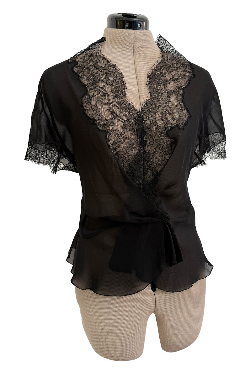Beautiful mid-1980s  Emanuel Ungaro Haute Couture Black Silk Chiffon & Handmade Lace Wrap Top