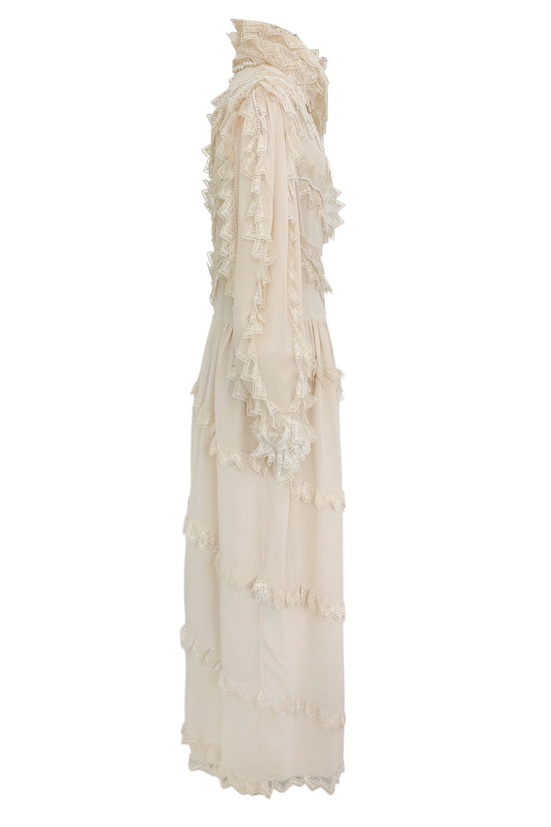 Incredibly Rare Fall 1979 Chloe by Karl Lagerfeld Couture Runway Ivory Chiffon & Lace Dress w pearl Details