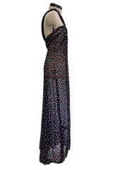 Sheer Fall 2024 Giorgio Armani Sample Deep Blue Net Dress w Embroidered Cotton Pink & Blue Flowers