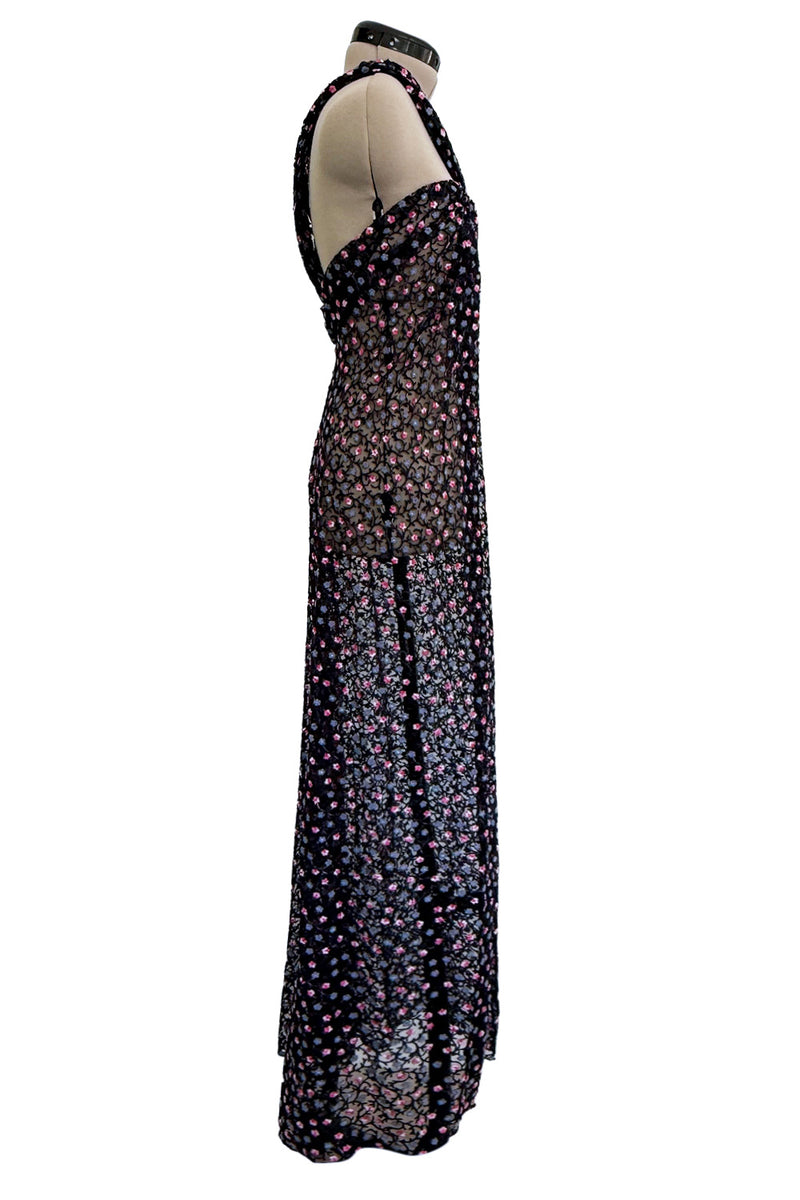 Sheer Fall 2024 Giorgio Armani Sample Deep Blue Net Dress w Embroidered Cotton Pink & Blue Flowers