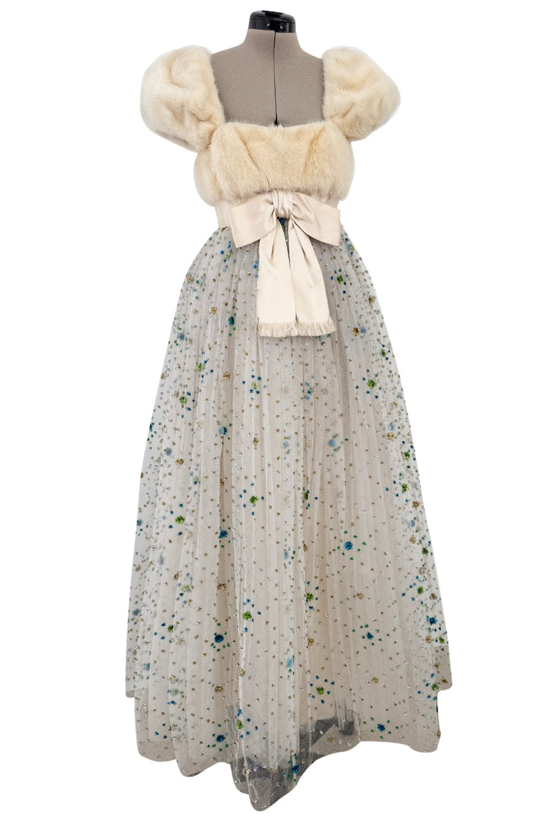 Incredible 1968 Sarmi Ivory Silk Net Dress w Mink Bodice & Metallic Tinsel Dot Detailing