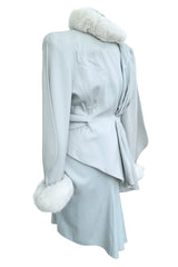 Ultra Rare Fall 1986 Thierry Mugler Ad / Runway Pale Ice Blue Suit w Faux Fur Cuffs & Collar