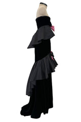 Exceptional Fall 2005 Original Valentino Runway Look 82 Black Velvet Dress w Bows, Silk Tiers & Pink Detailing
