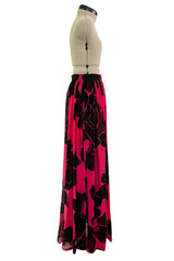 Multifunctional 1970s or 1980s Original Valentino Deep Pink & Black Printed Silk Chiffon Open Front Over Skirt
