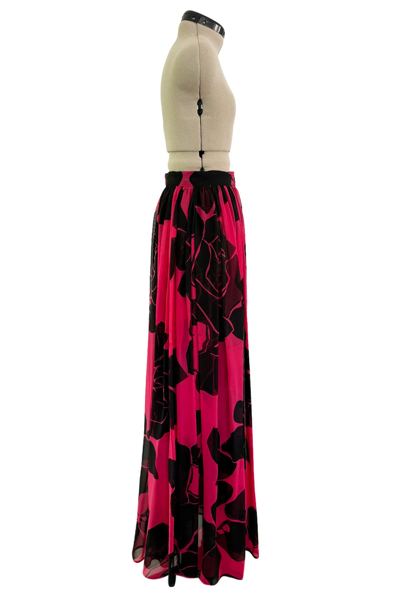 Multifunctional 1970s or 1980s Original Valentino Deep Pink & Black Printed Silk Chiffon Open Front Over Skirt
