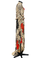 Gorgeous Early 2000s Valentino Roma Bias Cut Floral Print Dress w Bright Pops of Coral Red
