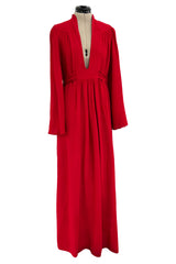 Amazing 1970 Ossie Clark 'Graduation' Deep Front Plunge Maxi Dress in a Red Moss Crepe
