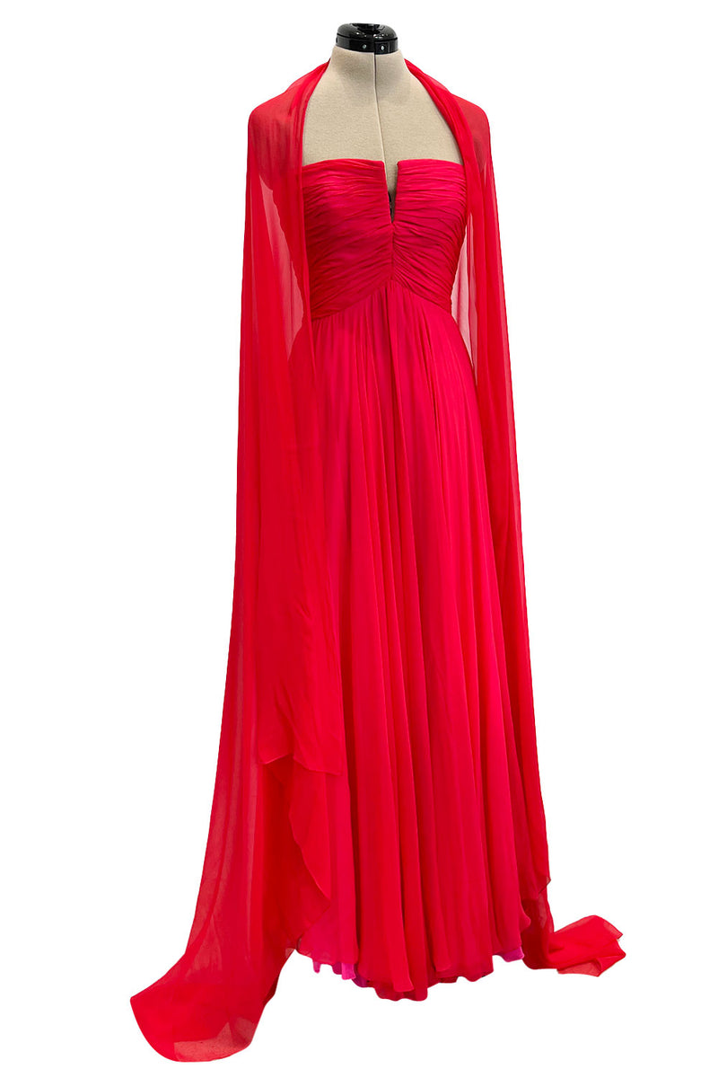 Beautiful Spring 1989 Bob Mackie Runway Red Silk Chiffon Dress & Cape w Inner Pink Layer