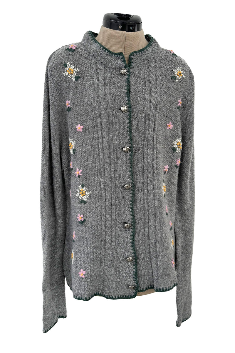 Wonderful 1980s Moser Deep Grey Colour Hand Knit Cardigan Sweater w Floral Details & Metal Buttons