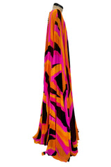 Spectacular c.1972 La Mendola Brilliant Pink, Orange, Tangerine & Black Silk Chiffon Caftan w Floor Length Cape Sleeves Sleeves
