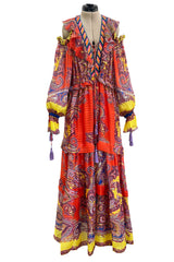 Recent Etro Gorgeous Printed Coral Ribbon Silk Chiffon Caftan Dress w Plunge Lace Up Neckline
