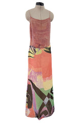 Prettiest Spring 2000 Giorgio Armani Runway Dusty Pink Beaded Halter Top & Silk Chiffon Skirt Set